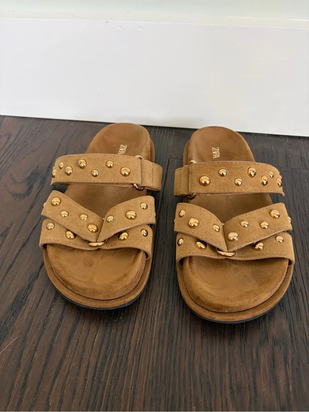 Zara Gold Studded Suede Slide Sandals - Picture 3 of 5